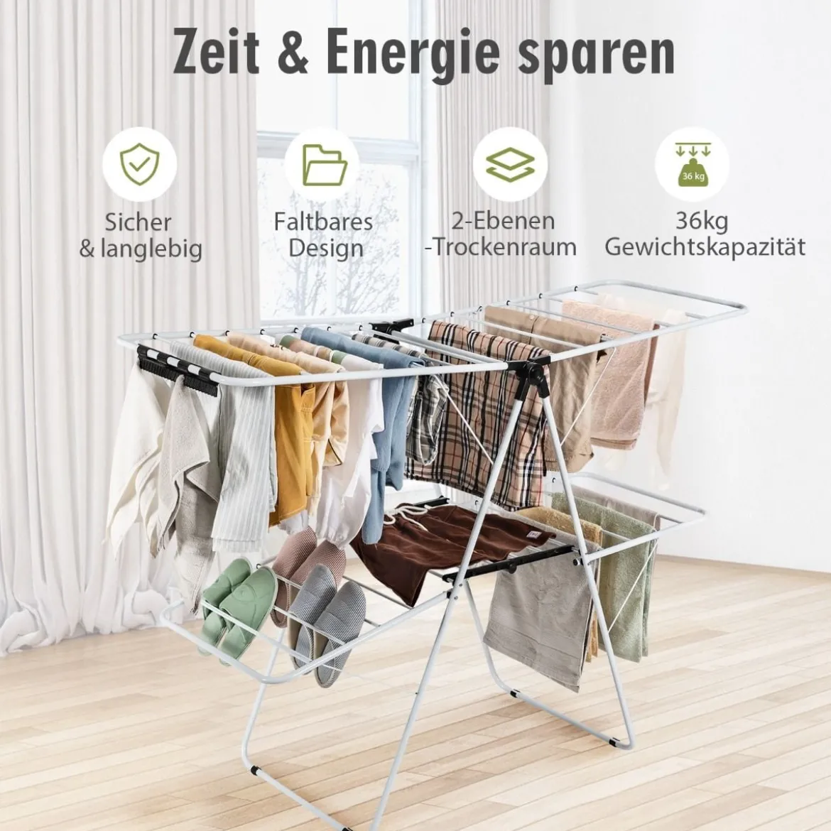 2-Stufiger Wäscheständer Faltbarer Wäschetrockner mit Höhenverstellbaren Flügeln 154 x 55,5 x 112 cm Weiß