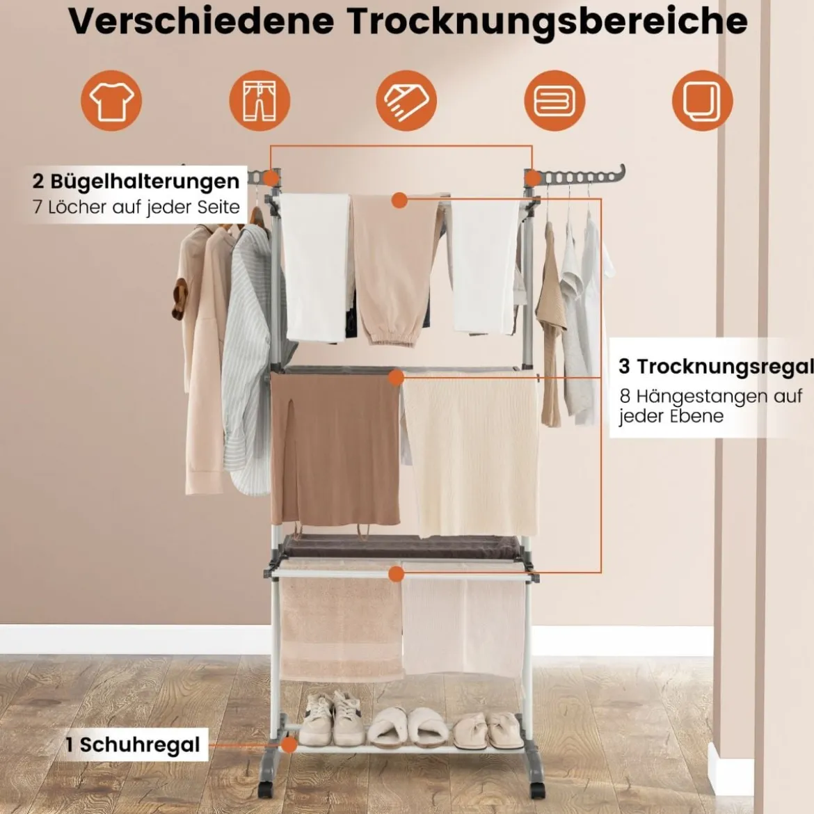 3-stufiger Wäscheständer zusammenklappbarer Wäschetrockner 127 x 63 x 171 cm Grau