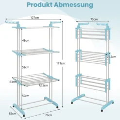 3-stufiger Wäscheständer zusammenklappbarer Wäschetrockner 127 x 63 x 171 cm Blau + Weiß + Schwarz