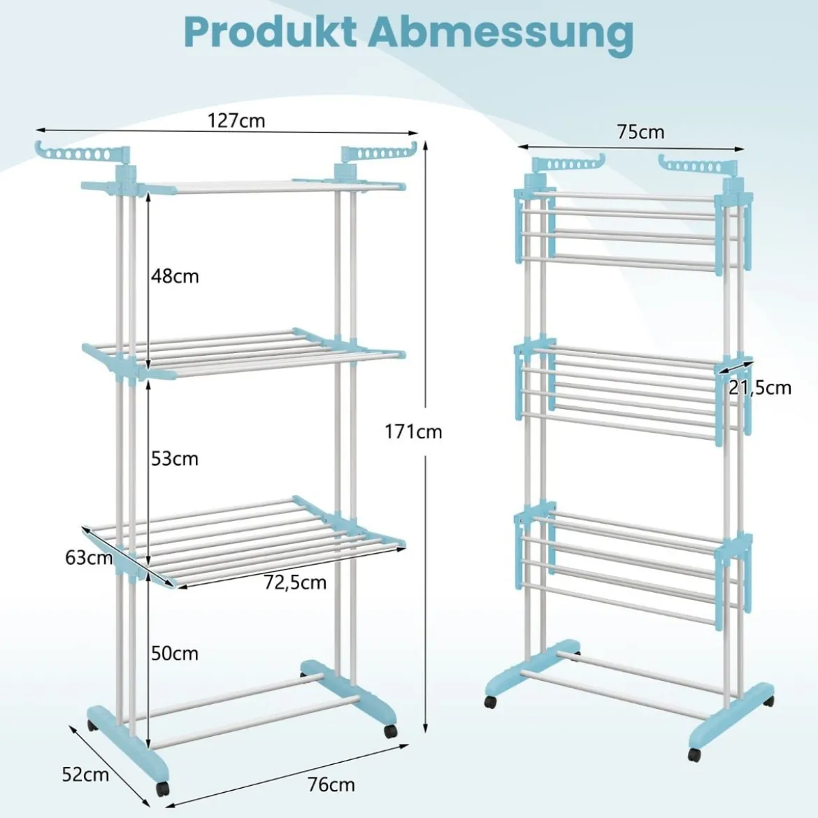 3-stufiger Wäscheständer zusammenklappbarer Wäschetrockner 127 x 63 x 171 cm Blau + Weiß + Schwarz