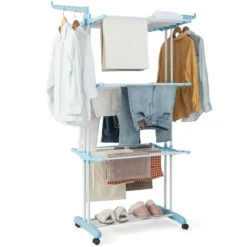 3-stufiger Wäscheständer zusammenklappbarer Wäschetrockner 127 x 63 x 171 cm Blau + Weiß + Schwarz