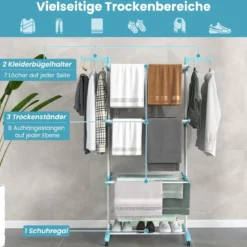 3-stufiger Wäscheständer zusammenklappbarer Wäschetrockner 127 x 63 x 171 cm Blau + Weiß + Schwarz