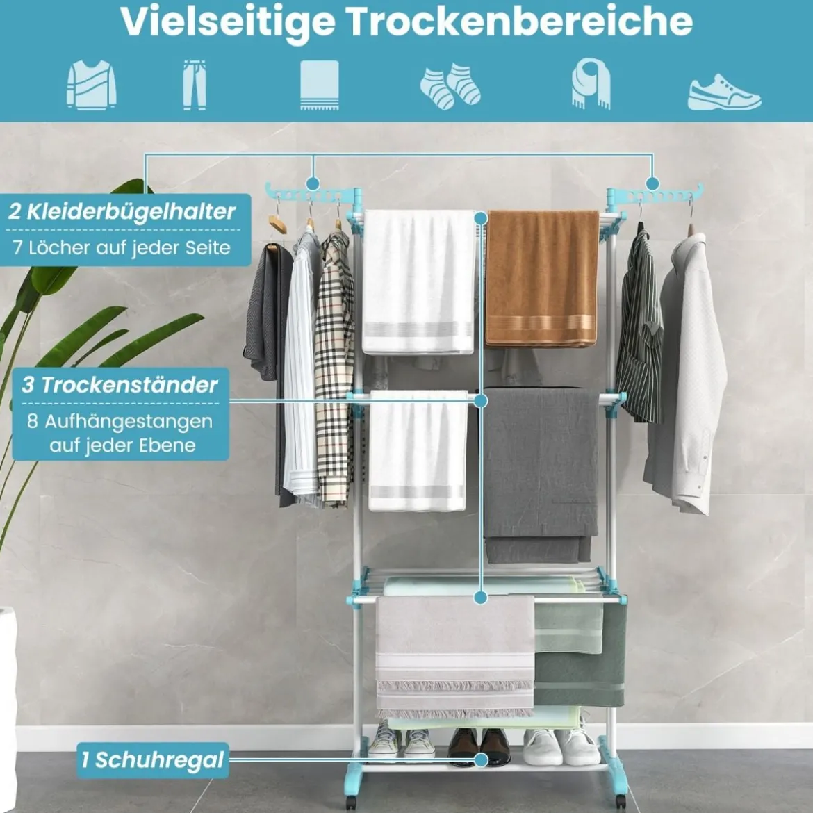 3-stufiger Wäscheständer zusammenklappbarer Wäschetrockner 127 x 63 x 171 cm Blau + Weiß + Schwarz