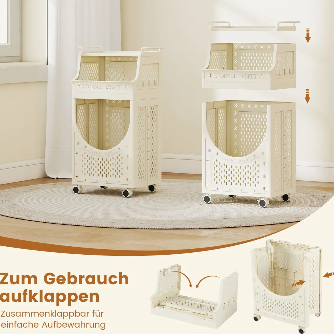 3-stufiger Wäschewagen faltbarer Wäschesack mit feststellbaren Rollen Korb 6 Haken Beige