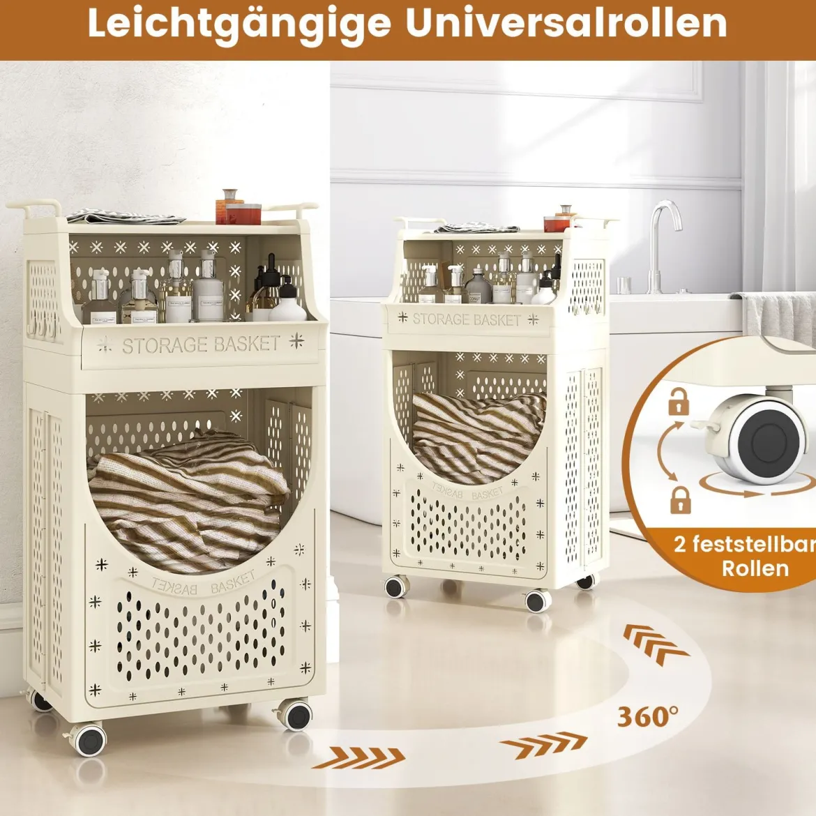 3-stufiger Wäschewagen faltbarer Wäschesack mit feststellbaren Rollen Korb 6 Haken Beige