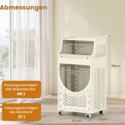 3-stufiger Wäschewagen faltbarer Wäschesack mit feststellbaren Rollen Korb 6 Haken Beige