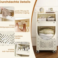 3-stufiger Wäschewagen faltbarer Wäschesack mit feststellbaren Rollen Korb 6 Haken Beige