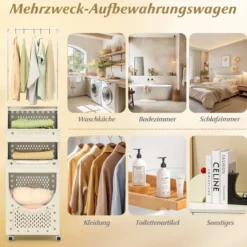 4-stufiger Wäschewagen mit Kleiderstange faltbarer Wäschekorb mit abschließbaren Rollen Beige