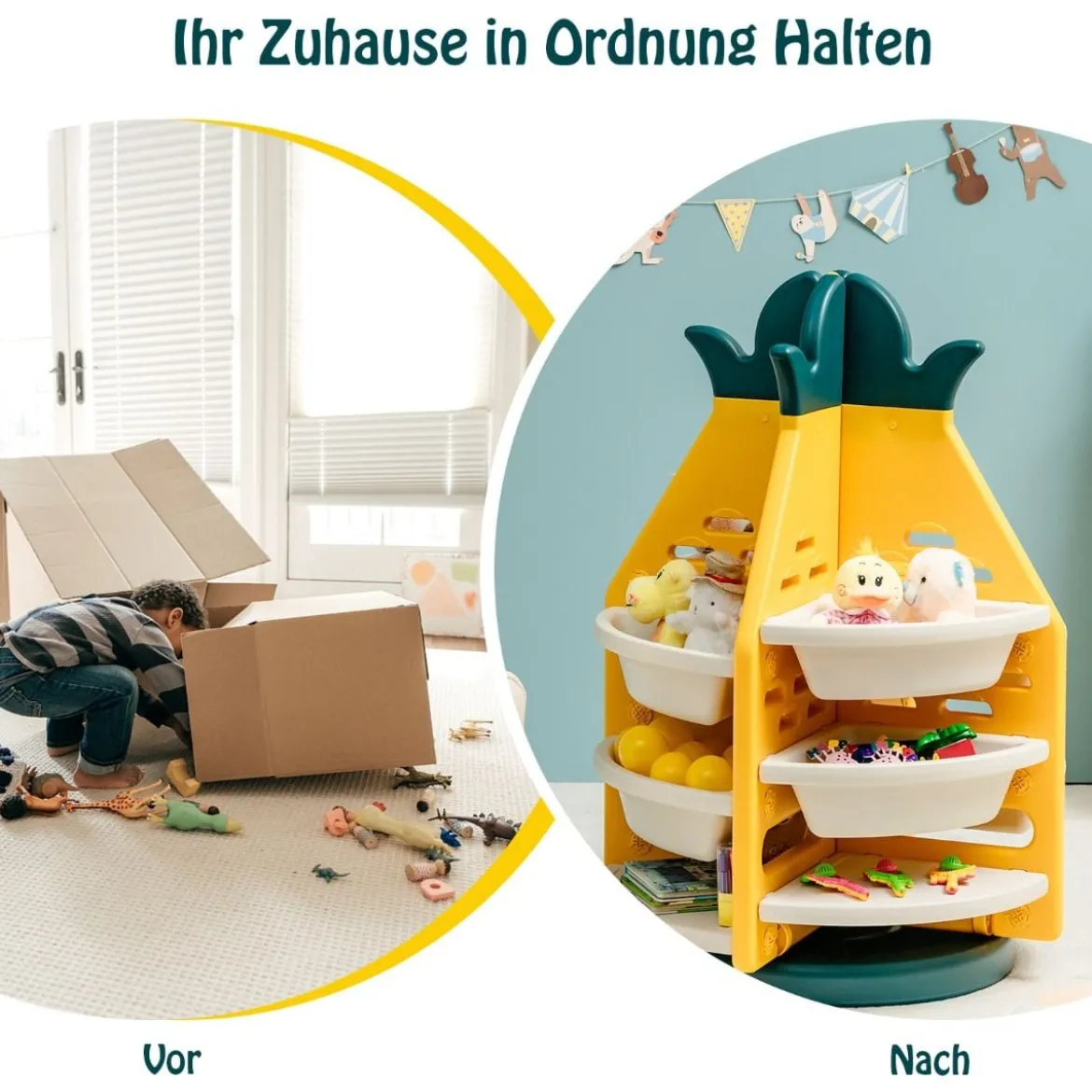 3-stufiges Ananas-Spielzeugregal Drehbare Spielzeugaufbewahrung 74 x 74 x 106 cm Gelb