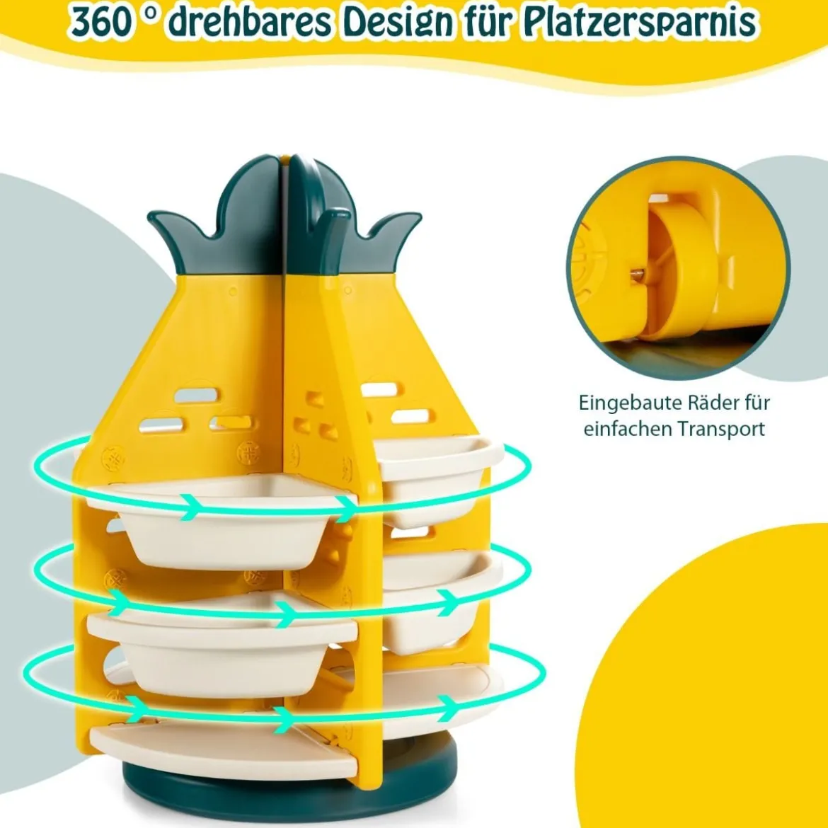 3-stufiges Ananas-Spielzeugregal Drehbare Spielzeugaufbewahrung 74 x 74 x 106 cm Gelb