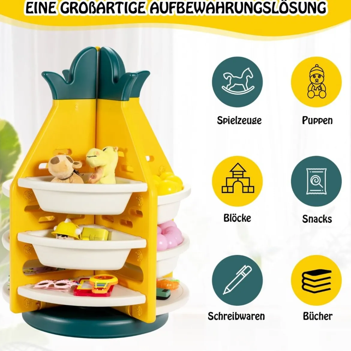 3-stufiges Ananas-Spielzeugregal Drehbare Spielzeugaufbewahrung 74 x 74 x 106 cm Gelb