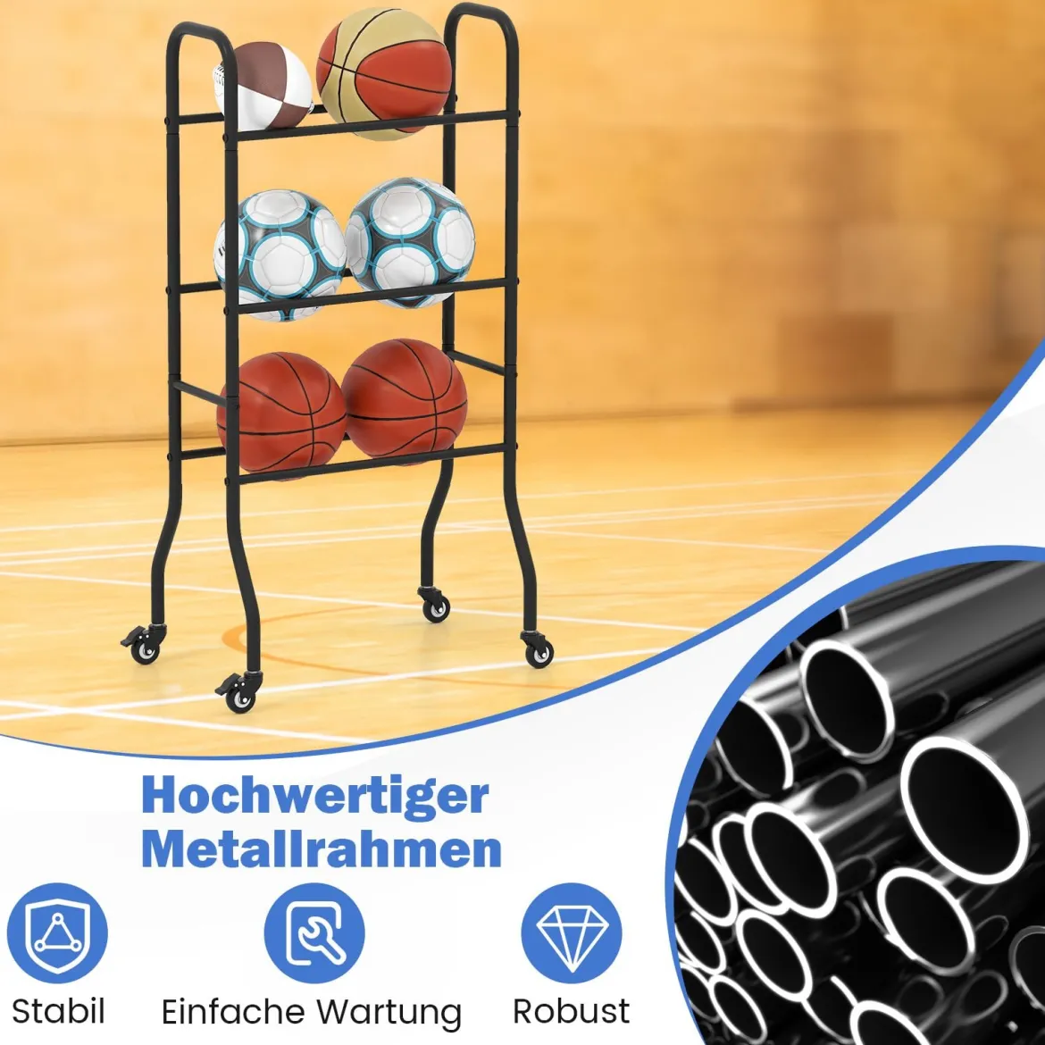 3-stufiges Ballständer mit Rollen & Metallrahmen Ball Organizer Basketball Regal Ballwagen