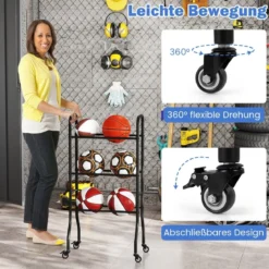 3-stufiges Ballständer mit Rollen & Metallrahmen Ball Organizer Basketball Regal Ballwagen