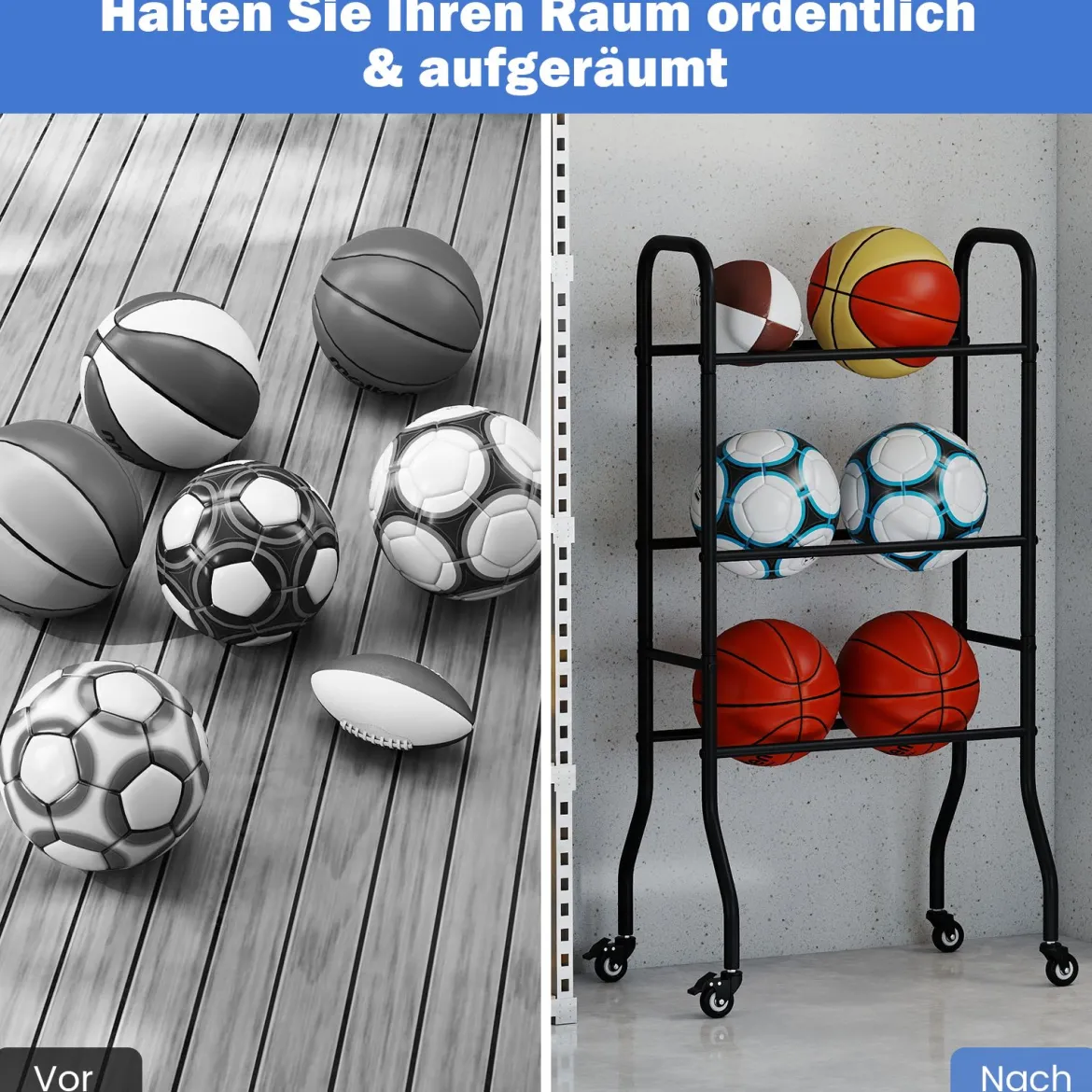 3-stufiges Ballständer mit Rollen & Metallrahmen Ball Organizer Basketball Regal Ballwagen