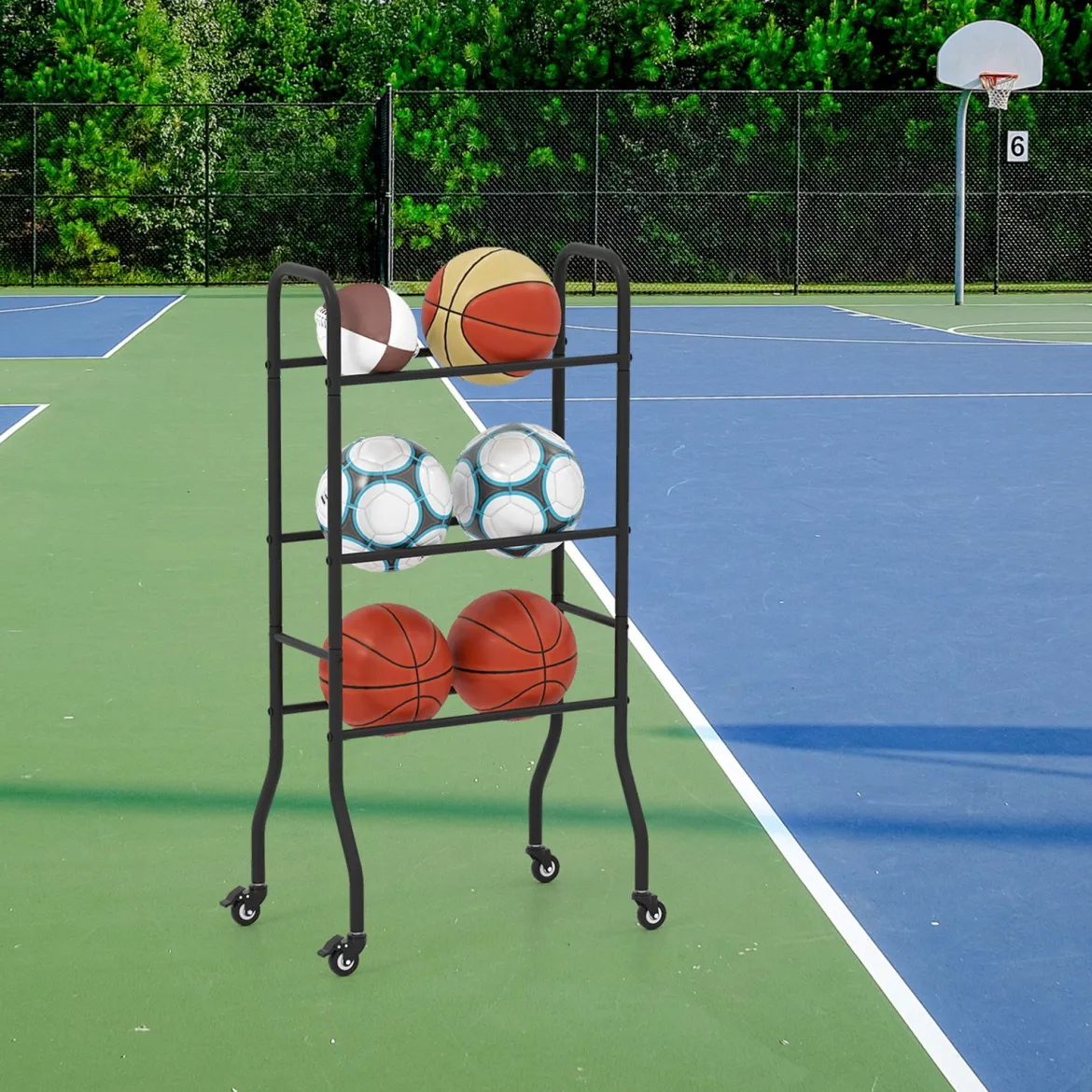 3-stufiges Ballständer mit Rollen & Metallrahmen Ball Organizer Basketball Regal Ballwagen