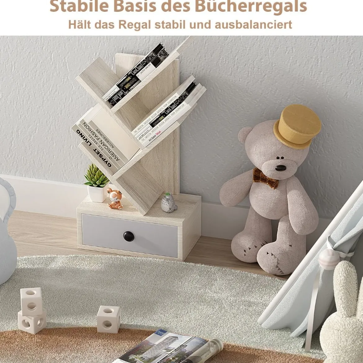 5-stufiges Baum-Bücherregal mit Schublade Mehrzweckregal CD- & DVD-Regal Beige