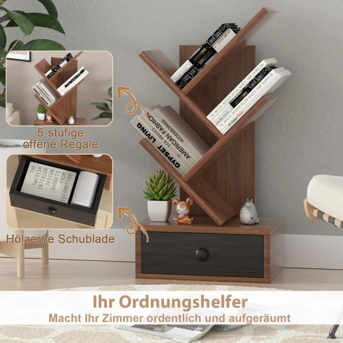 5-stufiges Baum-Bücherregal mit Schublade Mehrzweckregal CD- & DVD-Regal Braun