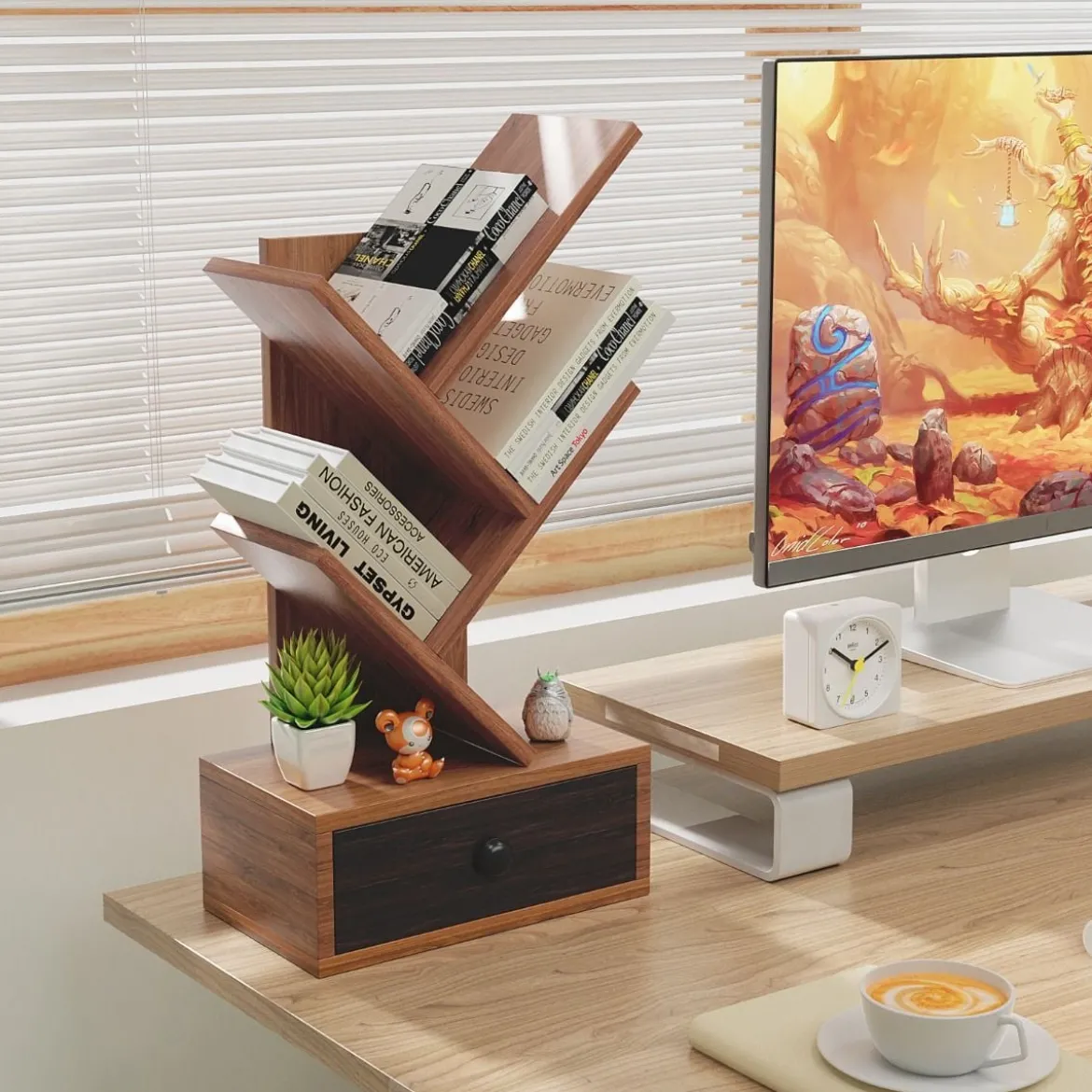 5-stufiges Baum-Bücherregal mit Schublade Mehrzweckregal CD- & DVD-Regal Braun