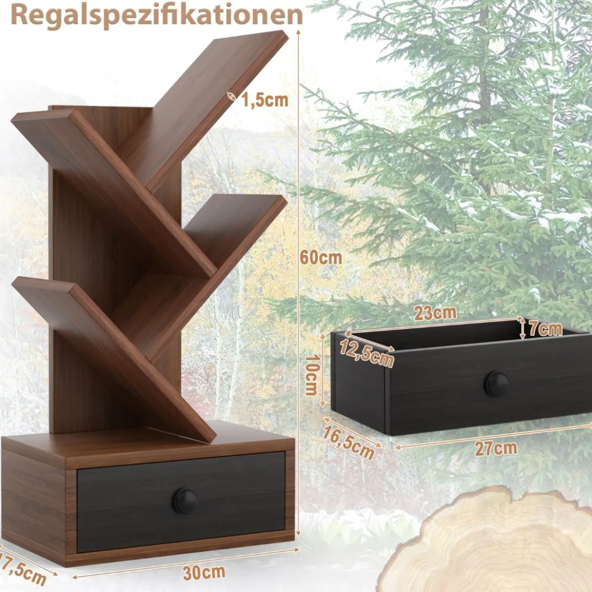 5-stufiges Baum-Bücherregal mit Schublade Mehrzweckregal CD- & DVD-Regal Braun