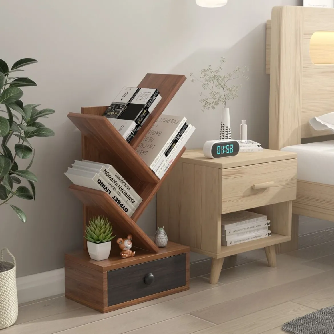 5-stufiges Baum-Bücherregal mit Schublade Mehrzweckregal CD- & DVD-Regal Braun
