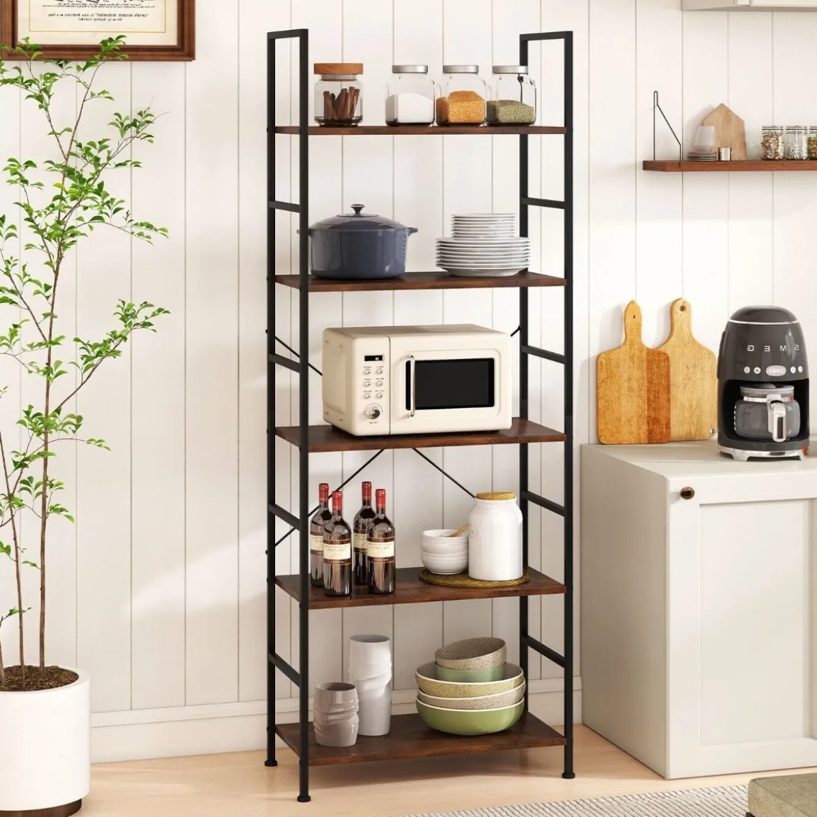 5-stufiges Bücherregal 160 cm Standregal mit Offene Trennwand & Metallrahmen Rustikales Braun