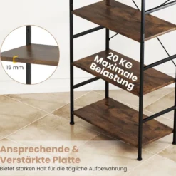 5-stufiges Bücherregal 160 cm Standregal mit Offene Trennwand & Metallrahmen Rustikales Braun