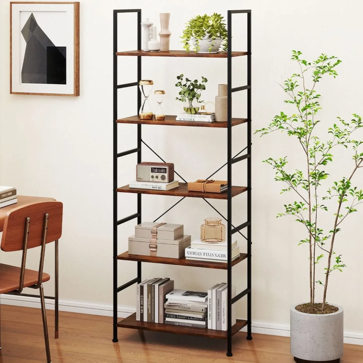 5-stufiges Bücherregal 160 cm Standregal mit Offene Trennwand & Metallrahmen Rustikales Braun