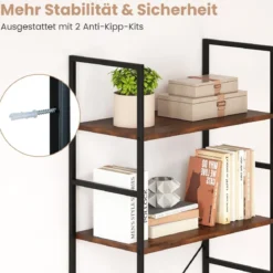 5-stufiges Bücherregal 160 cm Standregal mit Offene Trennwand & Metallrahmen Rustikales Braun