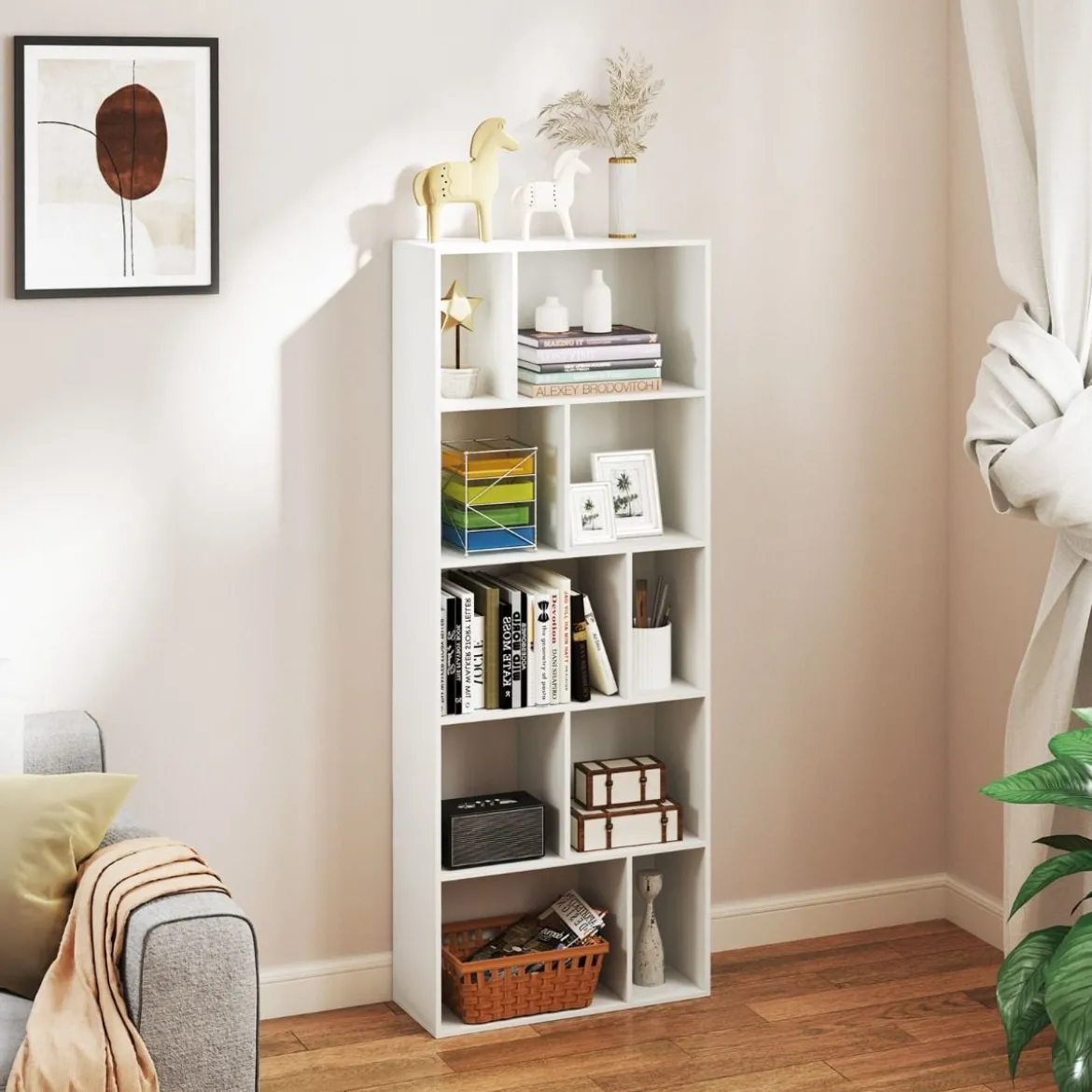 5-stufiges Bücherregal mit 10 Fächern Freistehender Raumteiler Holzregal Offenes Regal