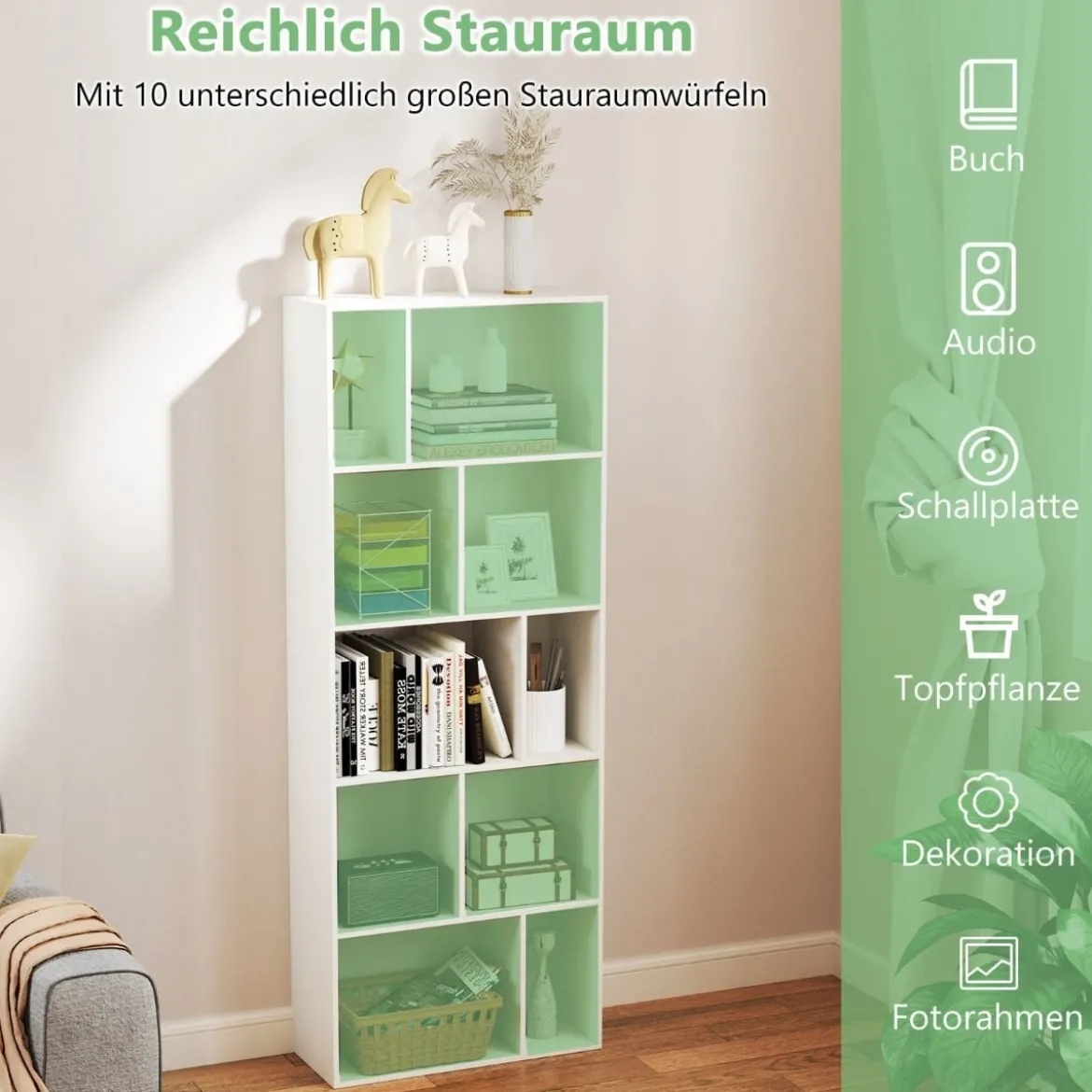 5-stufiges Bücherregal mit 10 Fächern Freistehender Raumteiler Holzregal Offenes Regal