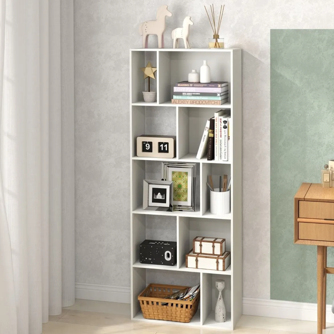 5-stufiges Bücherregal mit 10 Fächern Freistehender Raumteiler Holzregal Offenes Regal