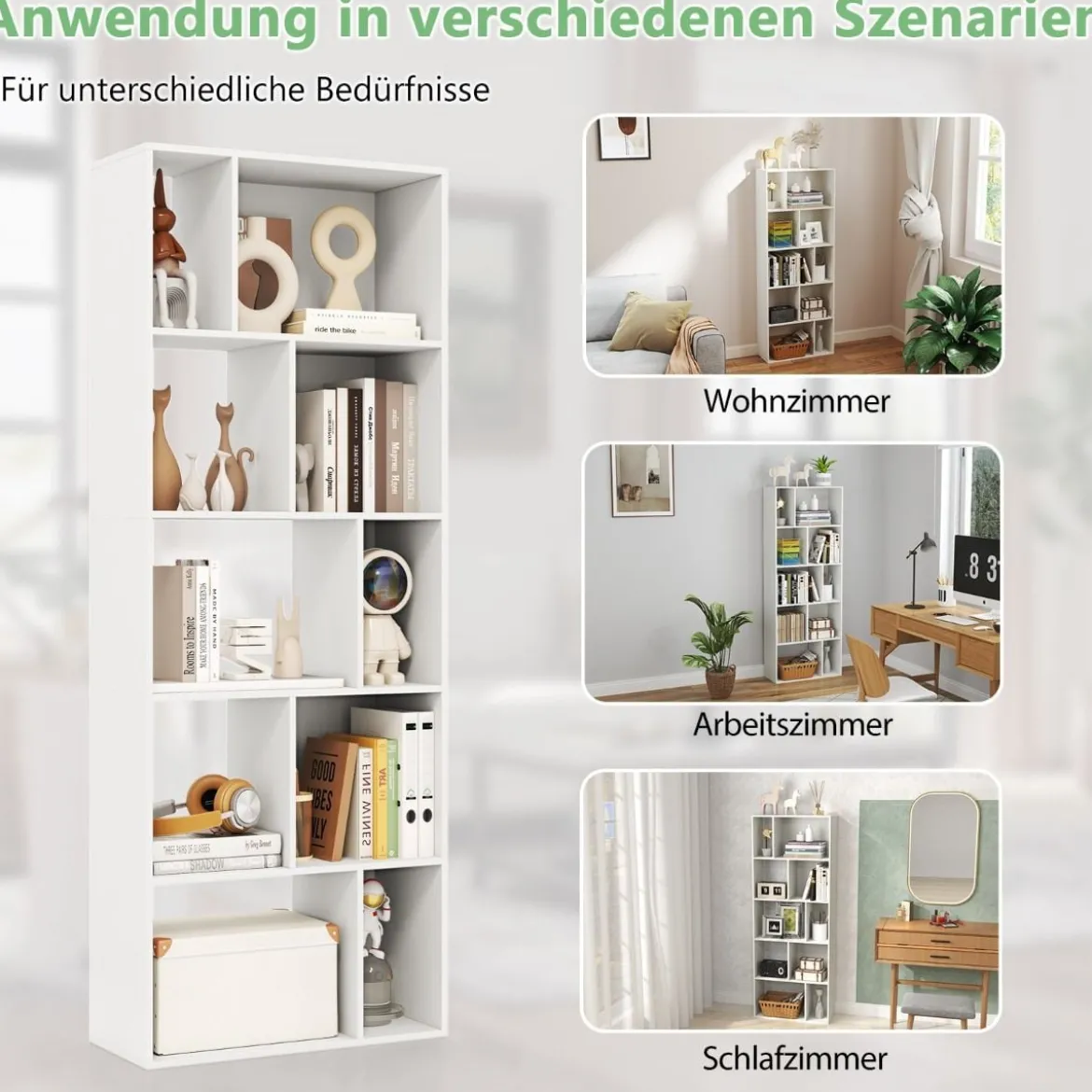 5-stufiges Bücherregal mit 10 Fächern Freistehender Raumteiler Holzregal Offenes Regal