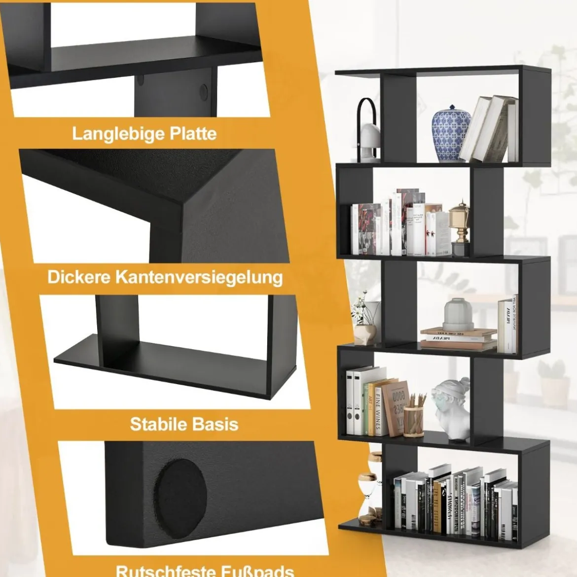 5-stufiges Bücherregal mit Kippschutz freistehender Raumteiler dekoratives Ausstellungsregal Schwarz