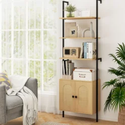 3-stufiges Bücherregal mit Rattan Schrank 184 cm Wandmontage Leiterregal Offener Präsentationsregal