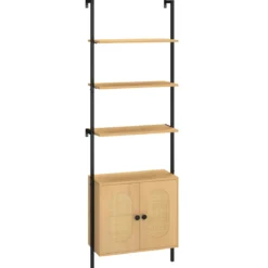 3-stufiges Bücherregal mit Rattan Schrank 184 cm Wandmontage Leiterregal Offener Präsentationsregal
