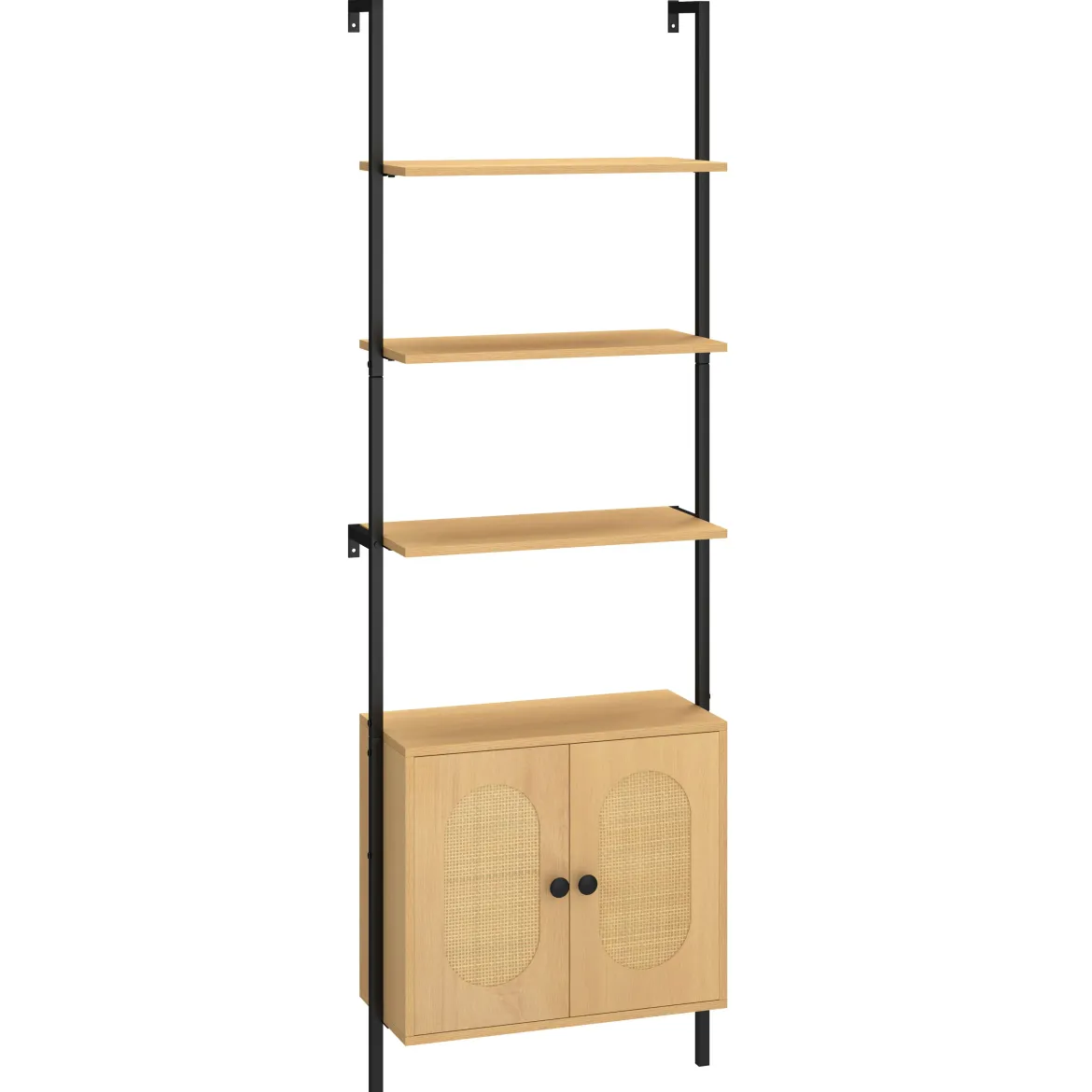 3-stufiges Bücherregal mit Rattan Schrank 184 cm Wandmontage Leiterregal Offener Präsentationsregal