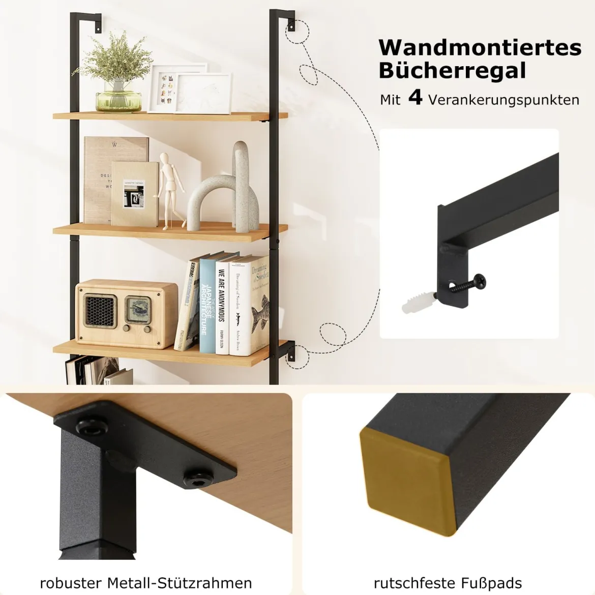 3-stufiges Bücherregal mit Rattan Schrank 184 cm Wandmontage Leiterregal Offener Präsentationsregal