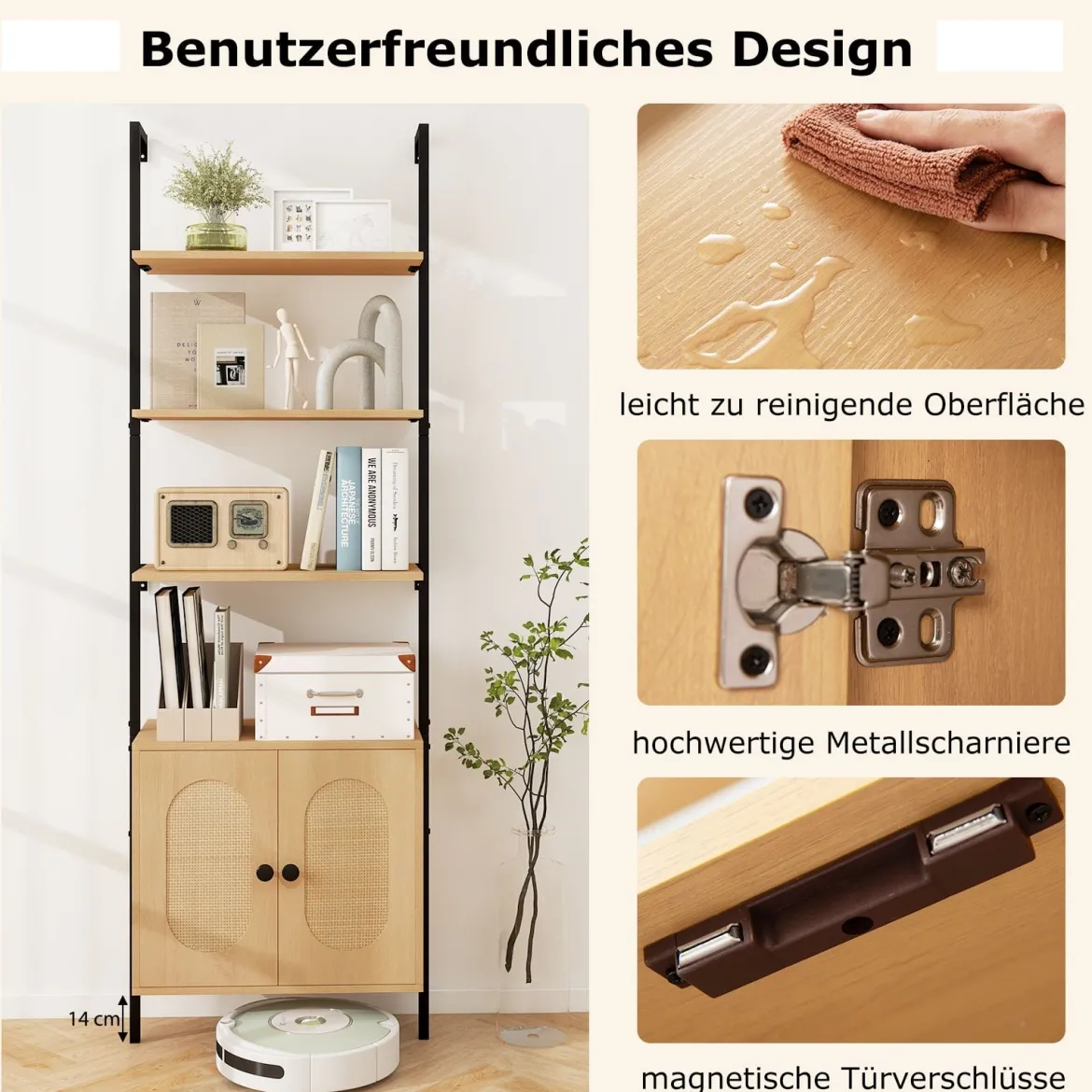 3-stufiges Bücherregal mit Rattan Schrank 184 cm Wandmontage Leiterregal Offener Präsentationsregal
