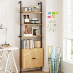 3-stufiges Bücherregal mit Rattan Schrank 184 cm Wandmontage Leiterregal Offener Präsentationsregal