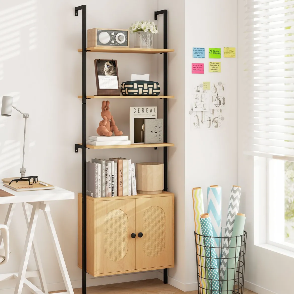 3-stufiges Bücherregal mit Rattan Schrank 184 cm Wandmontage Leiterregal Offener Präsentationsregal