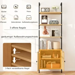 3-stufiges Bücherregal mit Rattan Schrank 184 cm Wandmontage Leiterregal Offener Präsentationsregal