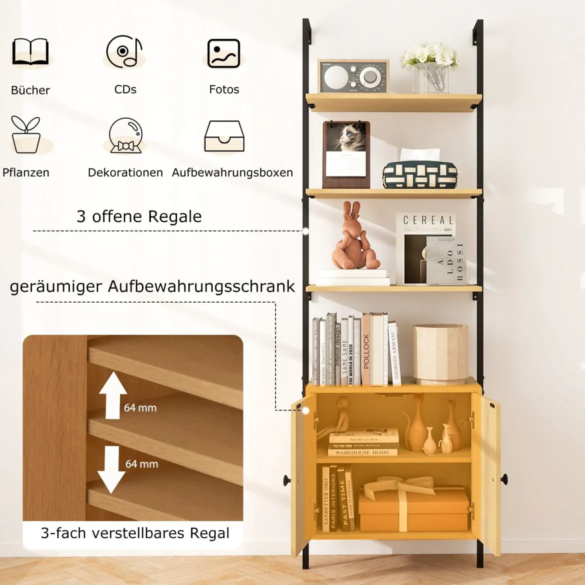 3-stufiges Bücherregal mit Rattan Schrank 184 cm Wandmontage Leiterregal Offener Präsentationsregal