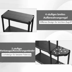 4-stufiges Garagenregal mit 2-stufigem Werkzeugorganizer Lagerregal Schwarz