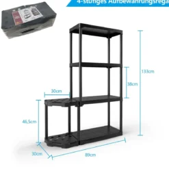 4-stufiges Garagenregal mit 2-stufigem Werkzeugorganizer Lagerregal Schwarz