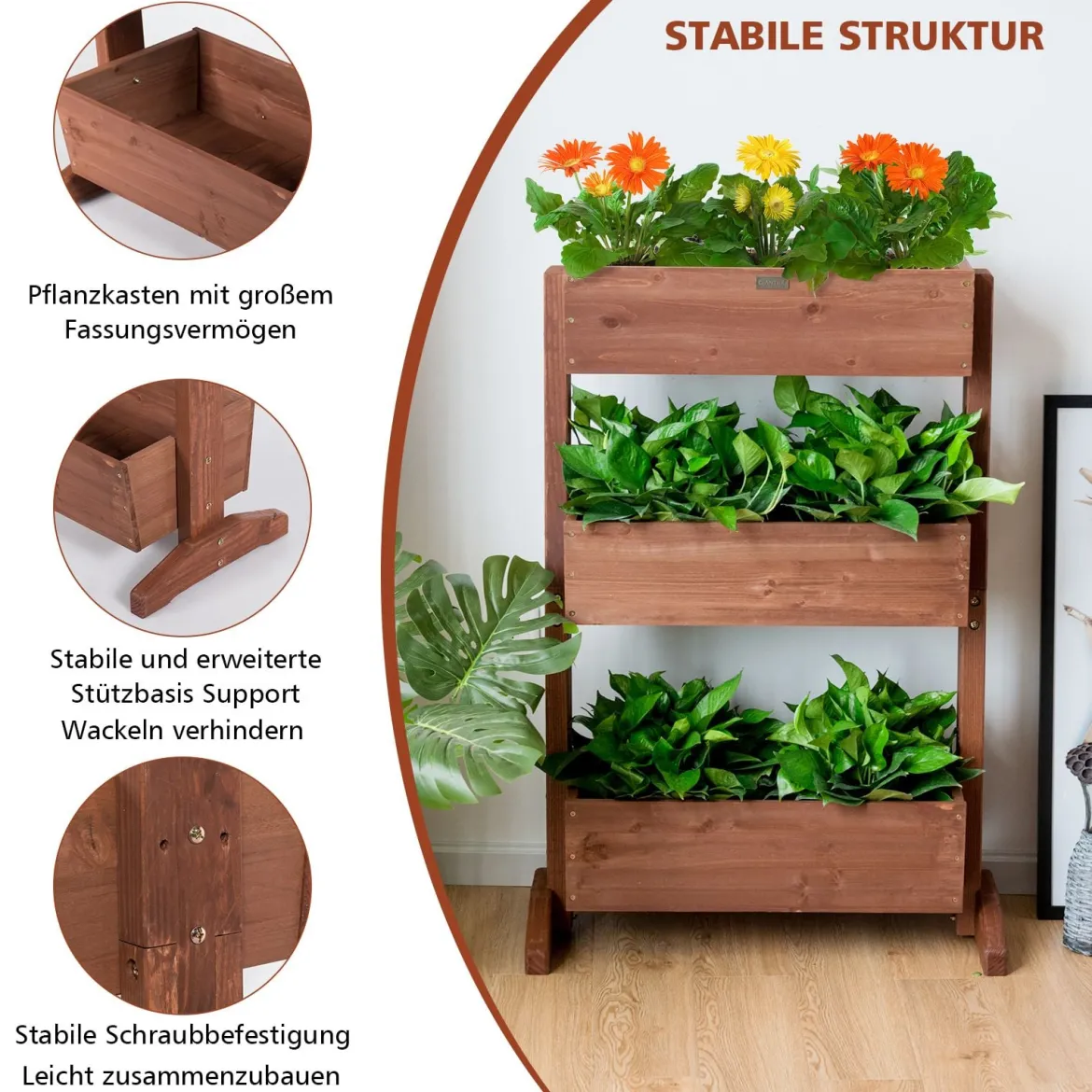 3-stufiges hölzernes Blumenregal Blumenständer 3 Etage Hochbeet Blumentreppe 71 x 38 x 105 cm Braun