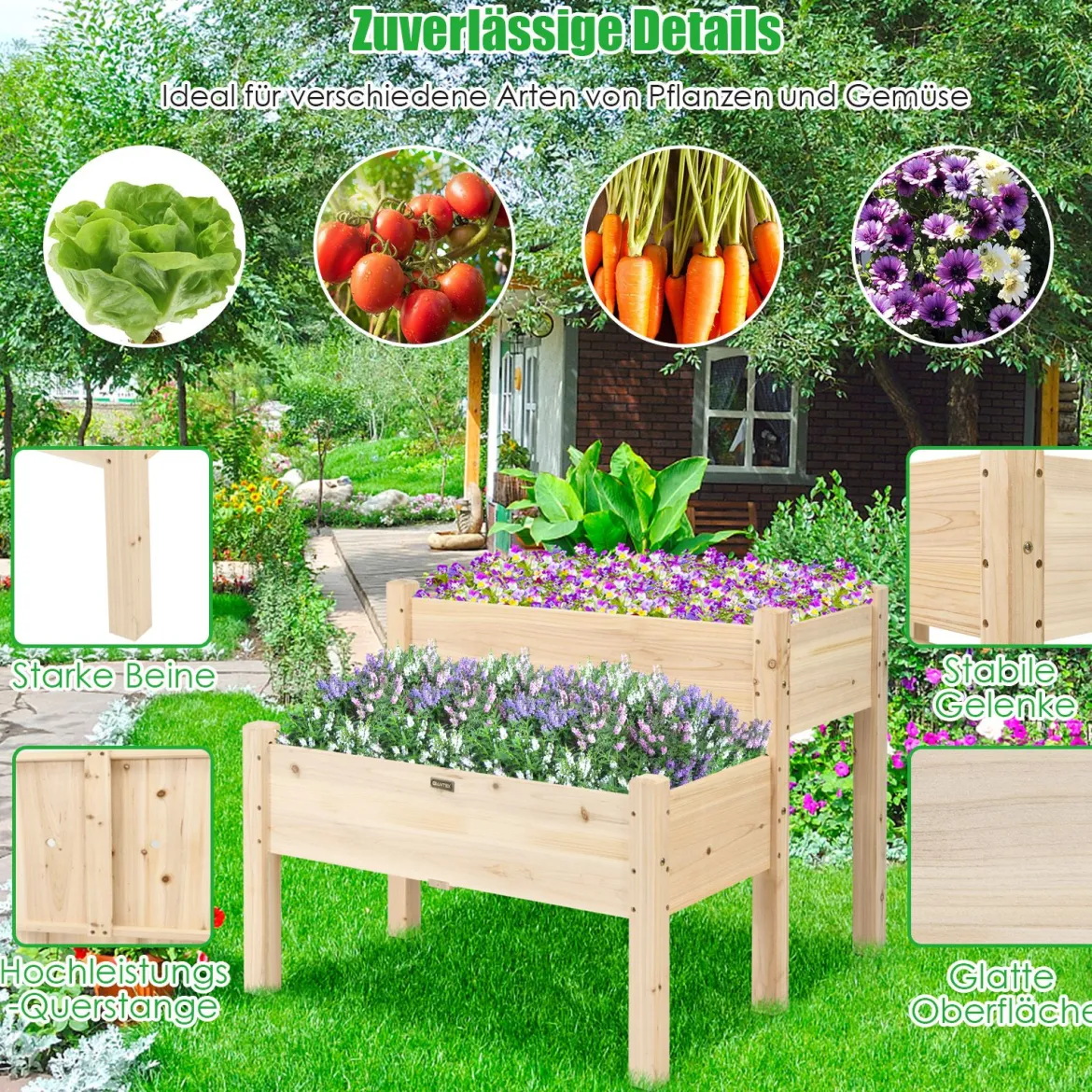 2-stufiges Hochbeet aus Holz Hochbeet Blumentreppe erhöhtes Gartenbeet 86 x 85 x 72,5 cm Natur