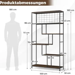 6-stufiges hohes Bücherregal freistehender Pflanzenständer mit Metallnetz geometrisches Standregal Rustikales Braun