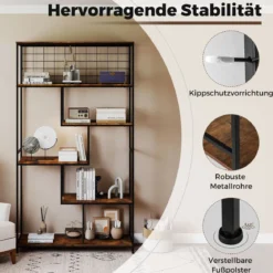 6-stufiges hohes Bücherregal freistehender Pflanzenständer mit Metallnetz geometrisches Standregal Rustikales Braun