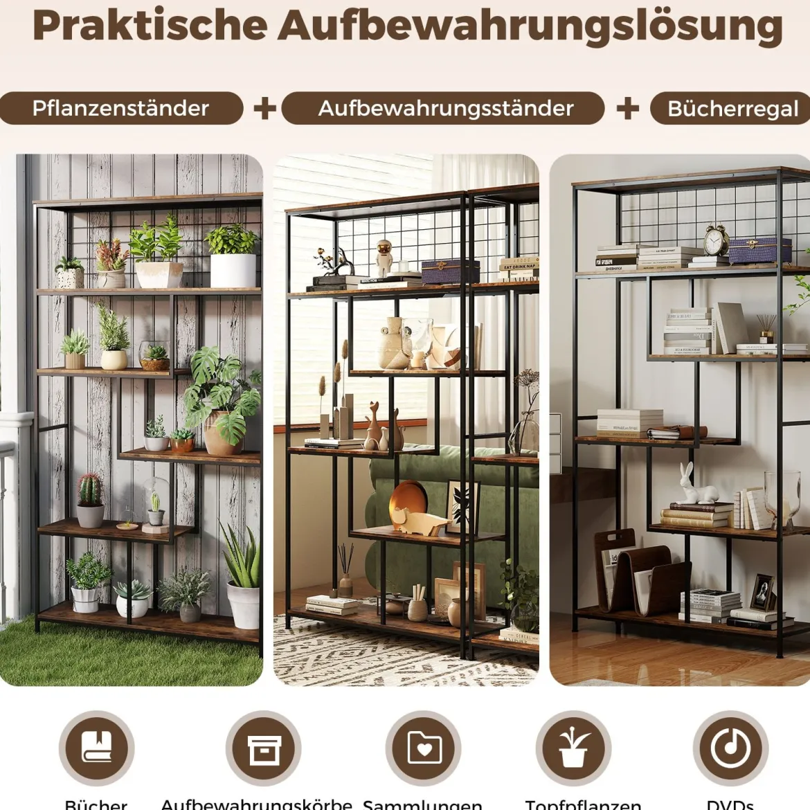 6-stufiges hohes Bücherregal freistehender Pflanzenständer mit Metallnetz geometrisches Standregal Rustikales Braun