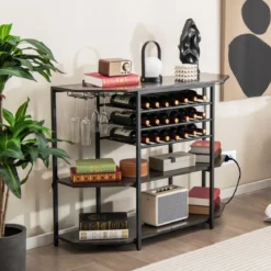 3-stufiges Industrielles Weinregal mit Steckdosen & Flaschenregal & Glashaltern Weinbarschrank Grau